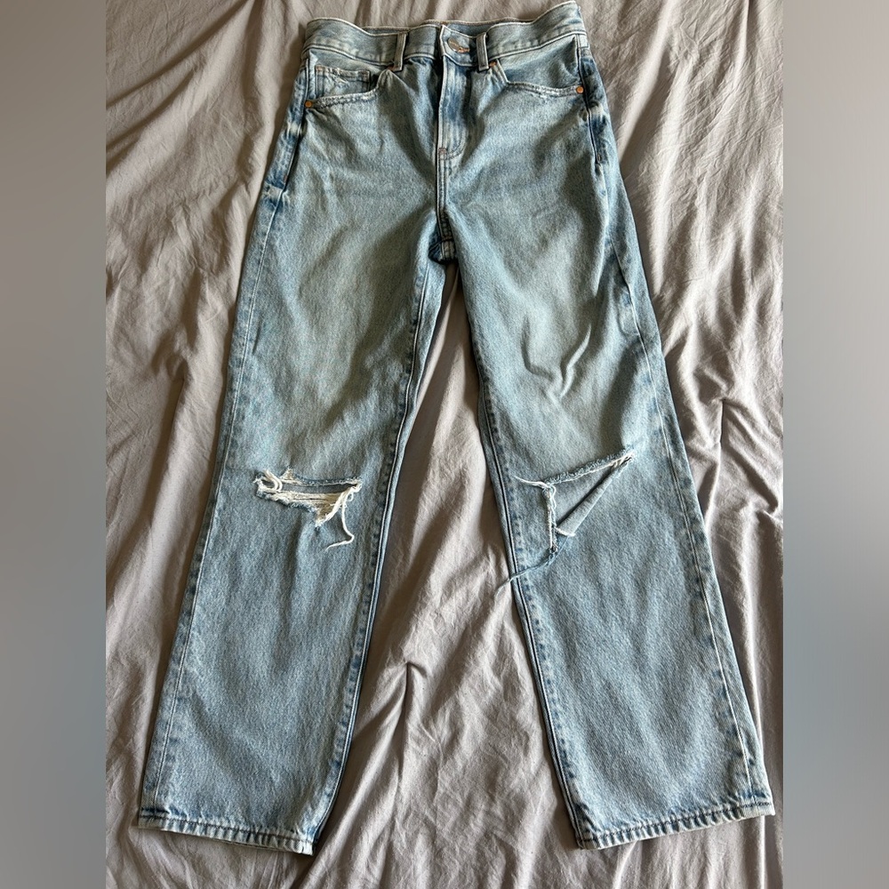 Express Light Blue Distressed Straight Leg Jeans Size 0